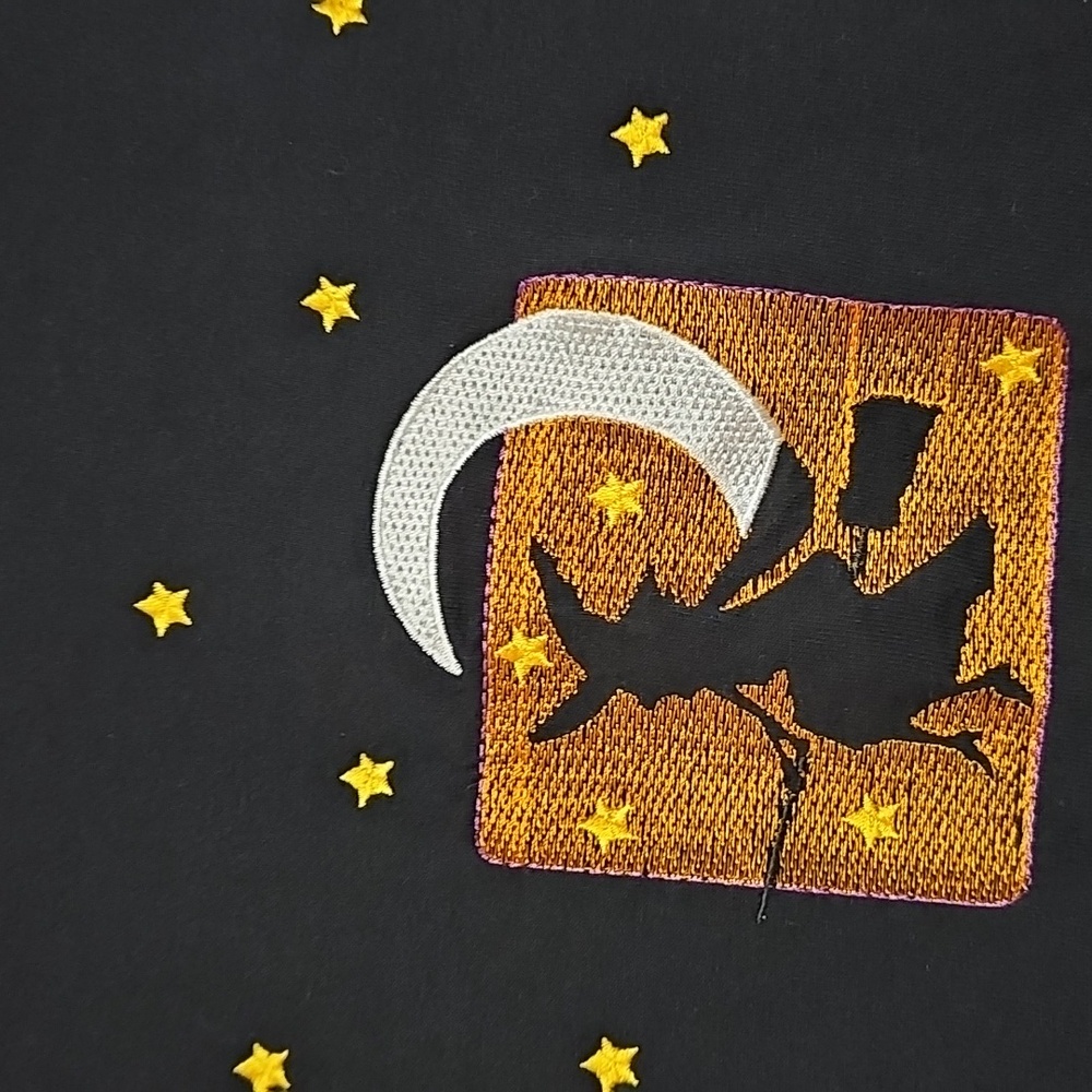 American Apparel Black Tee with Moon Stars Witch Halloween Embroidery Sz LARGE - Picture 2 of 4